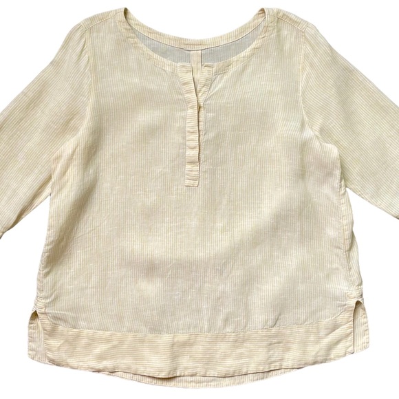 100% Linen Top Minimalist Large Buttery Yellow White Striped Casual Blouse Shirt - Picture 1 of 9
